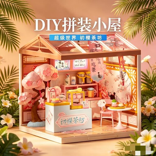 初樱茶坊DIY小屋微缩场景拼装模型带灯光音乐解压
