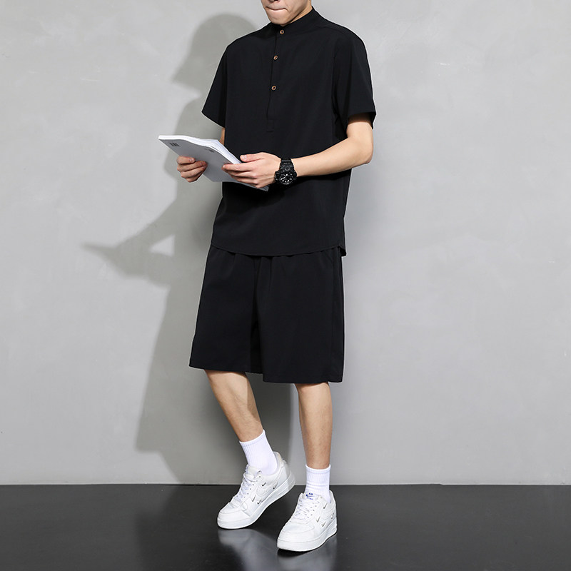 潮牌休闲男士运动套装夏季立领T恤宽松抽绳短裤A266-TZ999-P45,男装休闲套装,电商A266