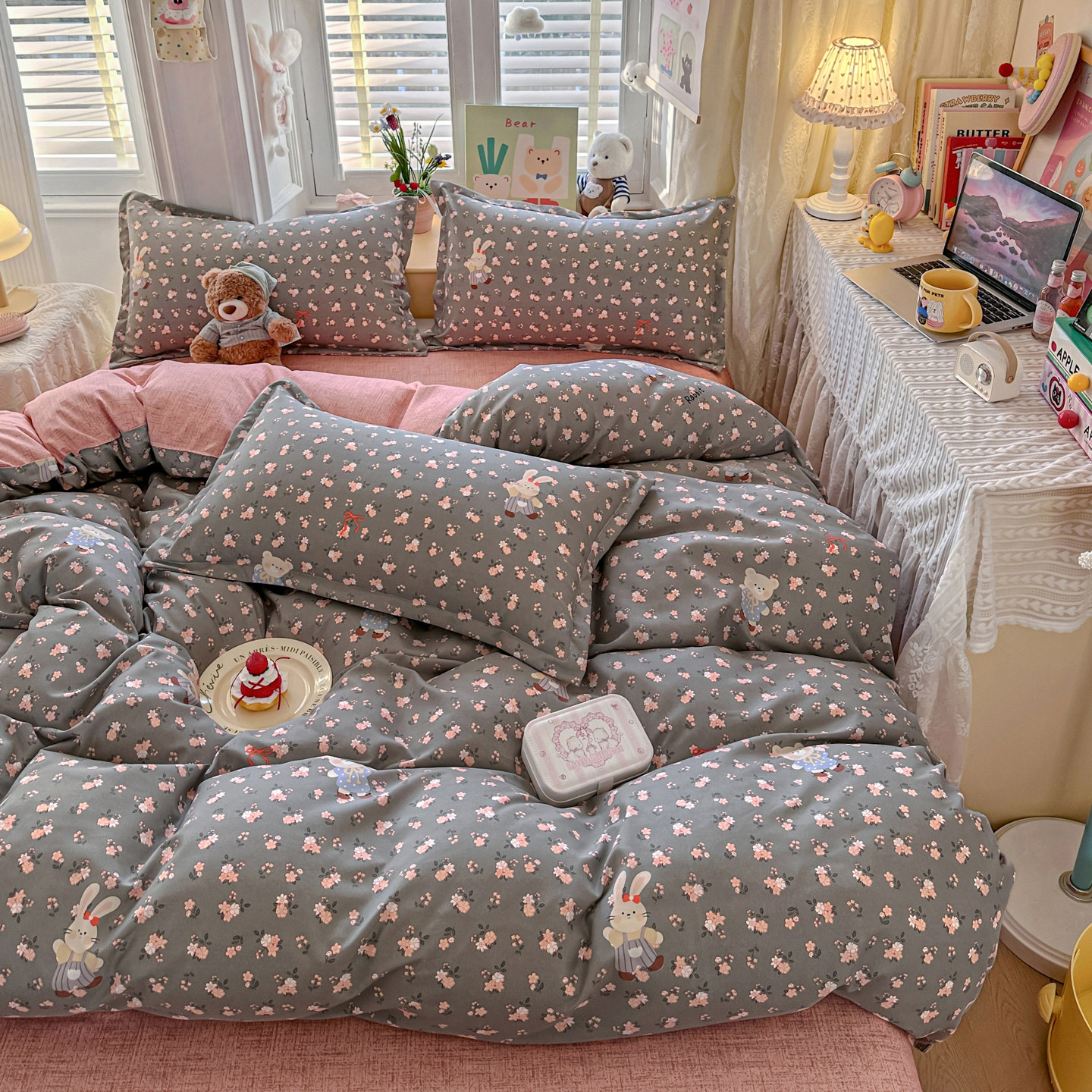 新品田园风碎花小兔儿童印花四件套水洗棉学生宿舍床单人三件套