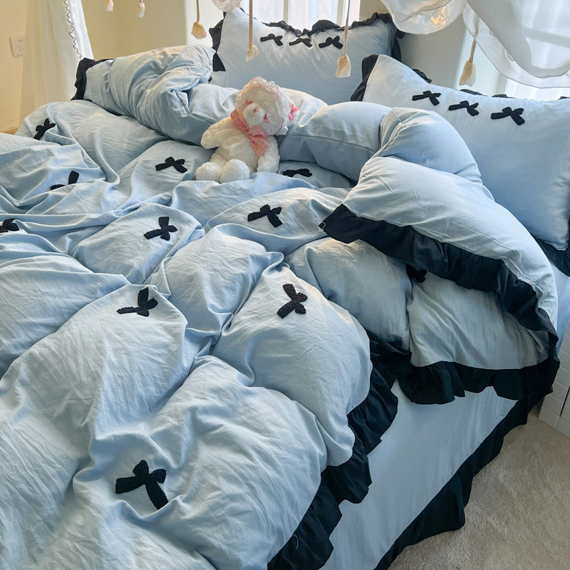 少女心荷叶花边被套水洗棉全棉床单四件套刺绣纯棉被罩宿舍三件套