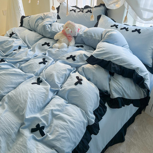 少女心荷叶花边被套水洗棉全棉床单四件套刺绣纯棉被罩宿舍三件套