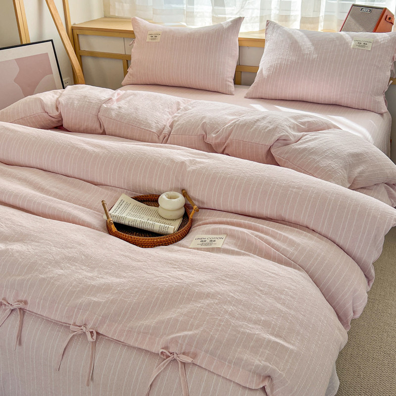 韩版双层色织棉麻四件套蝴蝶结绑带被套学生宿舍床单人三件套笠