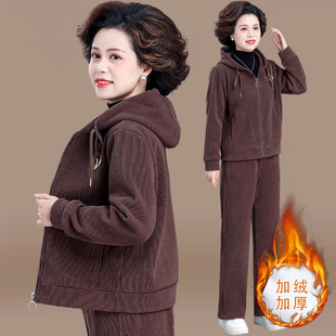 加绒运动服套装女秋冬新款时尚厚卫衣冬连帽跑步休闲中老年两件套