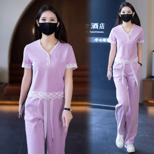 休闲运动套装女2025夏天新款气质蕾丝花边短袖时尚阔腿裤两件套潮