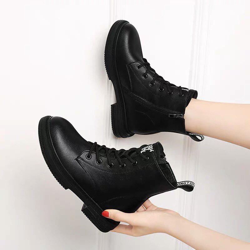 平底马丁靴女靴秋冬新款真皮英伦风系带厚底加绒显瘦增高瘦瘦皮靴