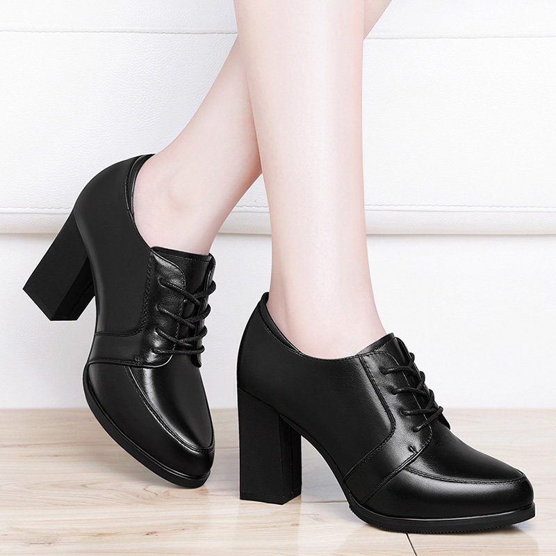 品牌正品真皮单鞋春秋冬新款女鞋中跟百搭系带深口英伦风高跟皮鞋