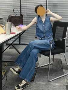 美式复古潮流时尚百搭高级感休闲牛仔马甲上衣阔腿裤两件套装女夏