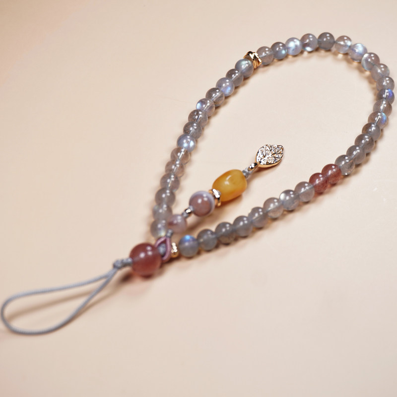 天然灰月光手机链蜜蜡玛瑙挂饰女手腕水晶挂件防丢防摔草莓晶挂绳