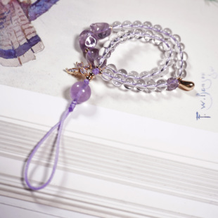 紫水晶手机链女手腕挂绳短款原创新中式天然白水晶挂件手机绳挂链