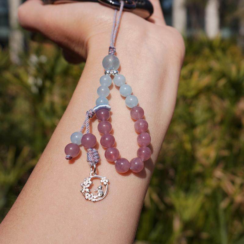 天然马粉水晶手机链女短款挂件银饰海蓝宝石甜美风挂饰编绳指环扣