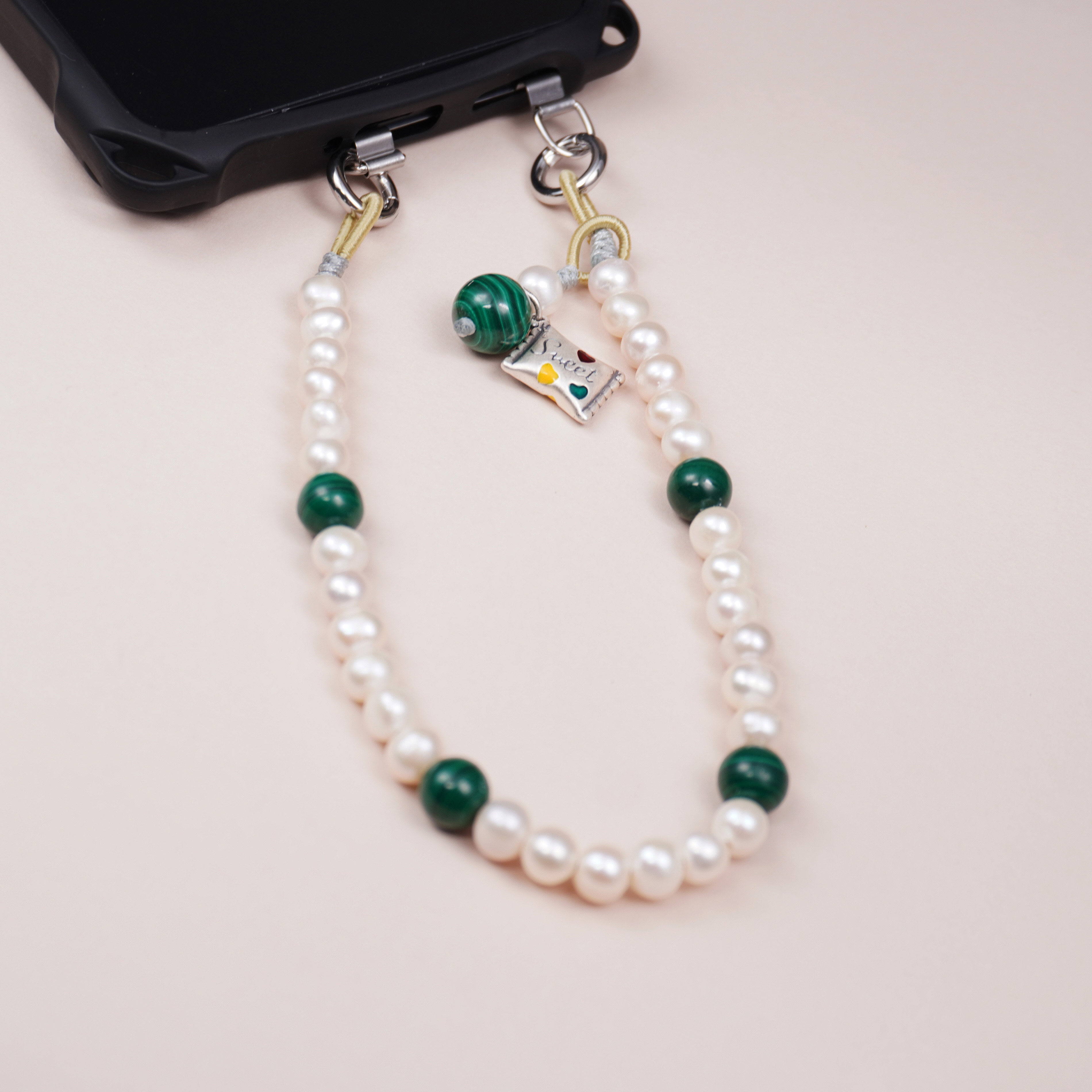 天然珍珠手机链女款手腕挂链新中式挂链小清新孔雀石手机挂件斜挂