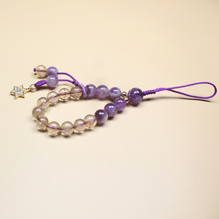 天然紫水晶手机链短挂绳女流苏挂饰金发晶挂件指环扣手机挂坠挂链