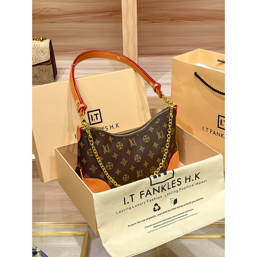 CITEX LV官方旗舰店香港代购真皮老花拼色牛角包链条包2025百搭软