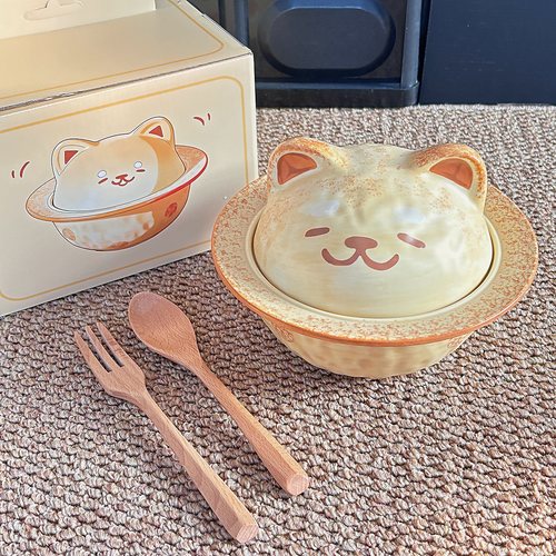 可爱柴犬泡面碗带盖大容量陶瓷碗家用高颜值餐具学生宿舍嗦粉碗