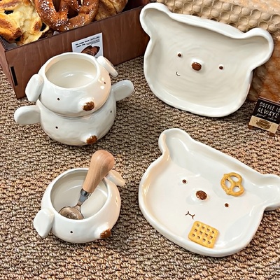 可爱小熊陶瓷餐具高颜值家用米饭碗菜盘子炖盅早餐杯漂亮餐具组合