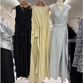 TARU无袖 气质系带收腰显瘦V领长裙 新款 背心黄色连衣裙女法式 夏季