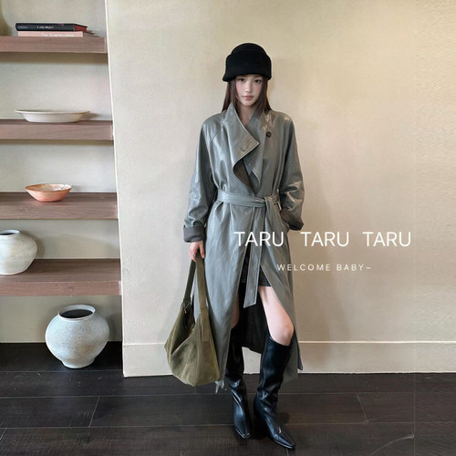 TARU麂皮绒立领过膝宽松皮衣女