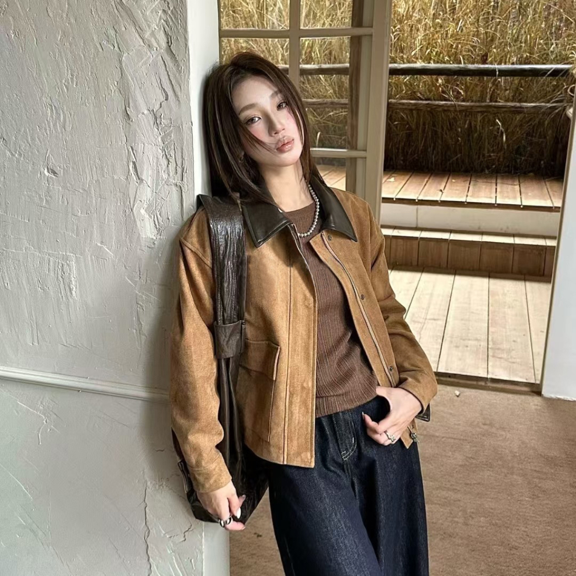TARU麂皮绒短款外套复古翻领