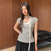 ONE短袖 新款 修身 U领针织衫 女韩版 百搭气质显瘦上衣内搭打底衫 潮