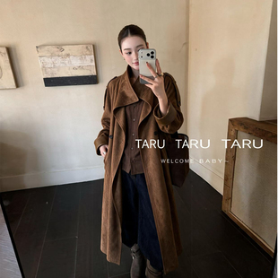 TARU酷飒风拼接皮袖麂皮绒皮衣外套女气质宽松系带过膝长风衣大衣