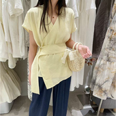 SALMOKA小飞袖 设计感可调腰带气质百搭上衣 法式 V领白色衬衫 女夏季