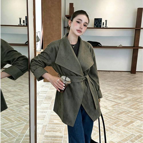 TARU秋冬麂皮绒翻领系带皮衣女