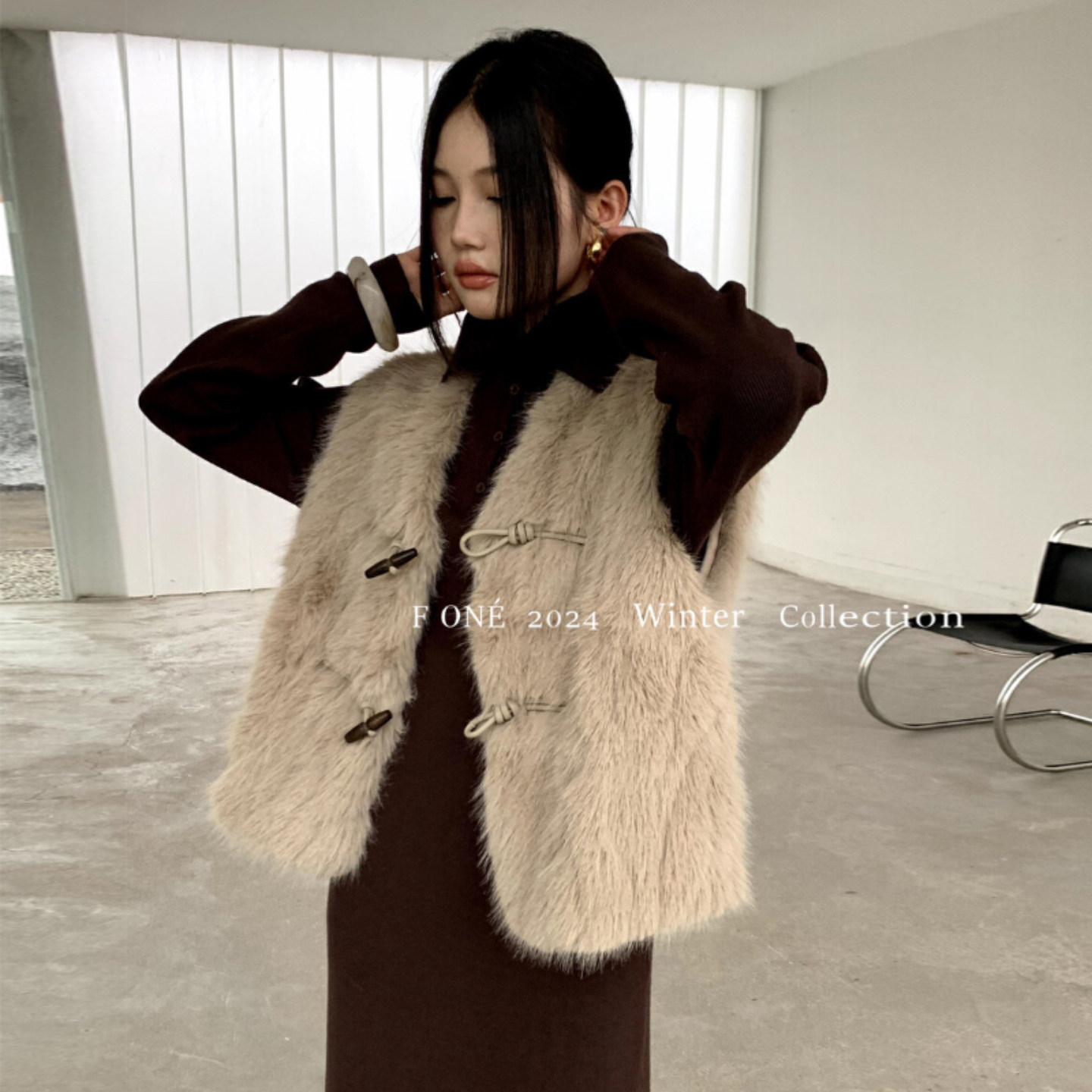 F ONE无袖皮草马甲外套女叠穿神器牛角扣设计短款设计显高马夹冬,女装/女士精品,皮草,淘宝优惠券,粉丝福利购,淘宝优惠卷