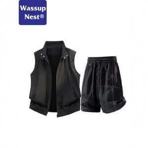 WASSUP NEST户外冰丝运动套装男夏季轻薄背心哈苏线短裤休闲套装