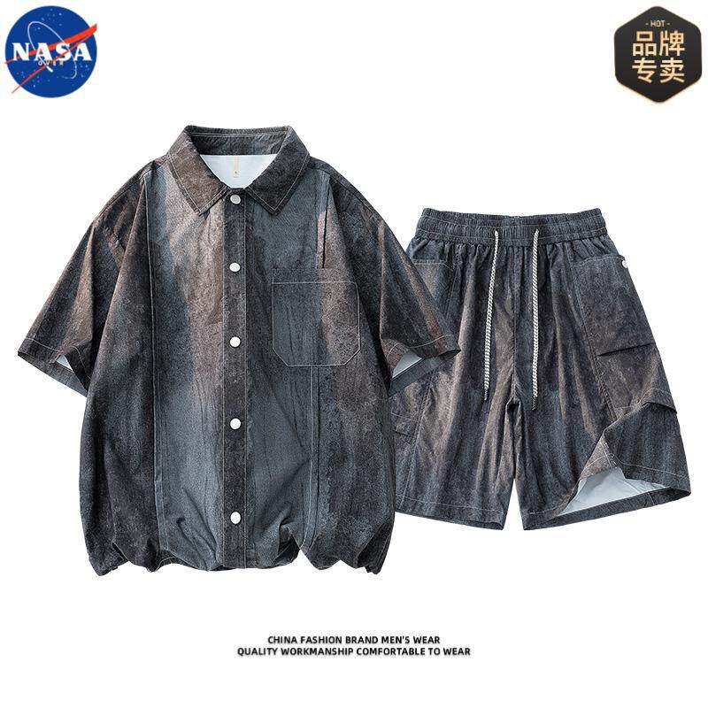 NASA品牌高质量冰感透气扎染短袖衬衫套装男士夏季时尚大码一整套