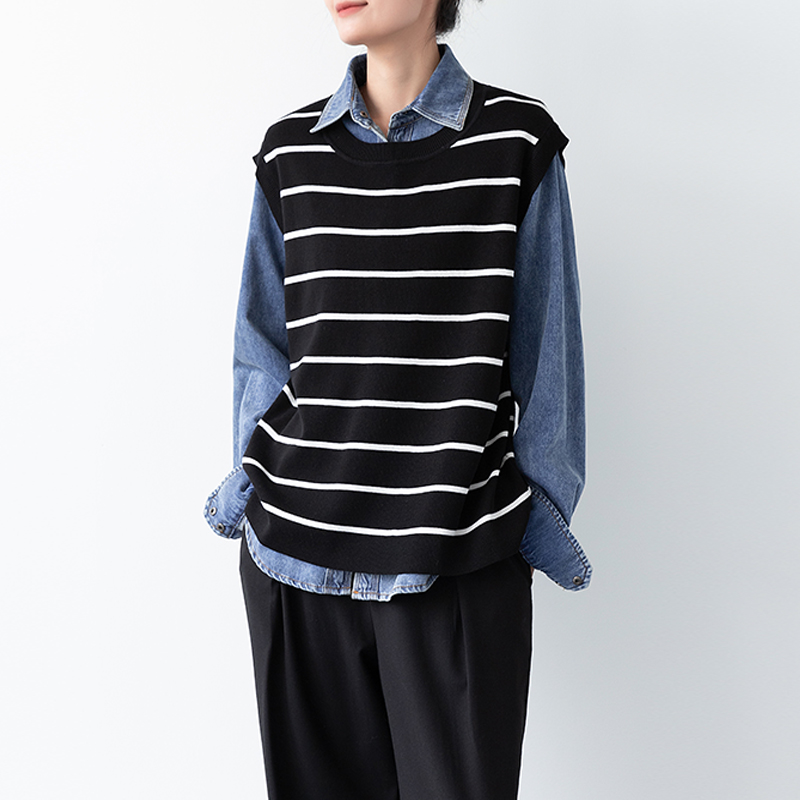 法式撞色条纹针织马甲背心上衣