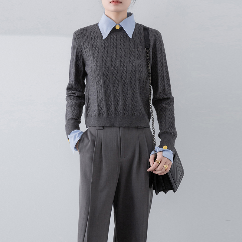 可拆卸翻领假两件针织衫毛衣