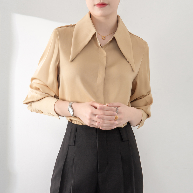 高个子杏色衬衫女2025新款高级感气质衬衣设计感小众长袖上衣