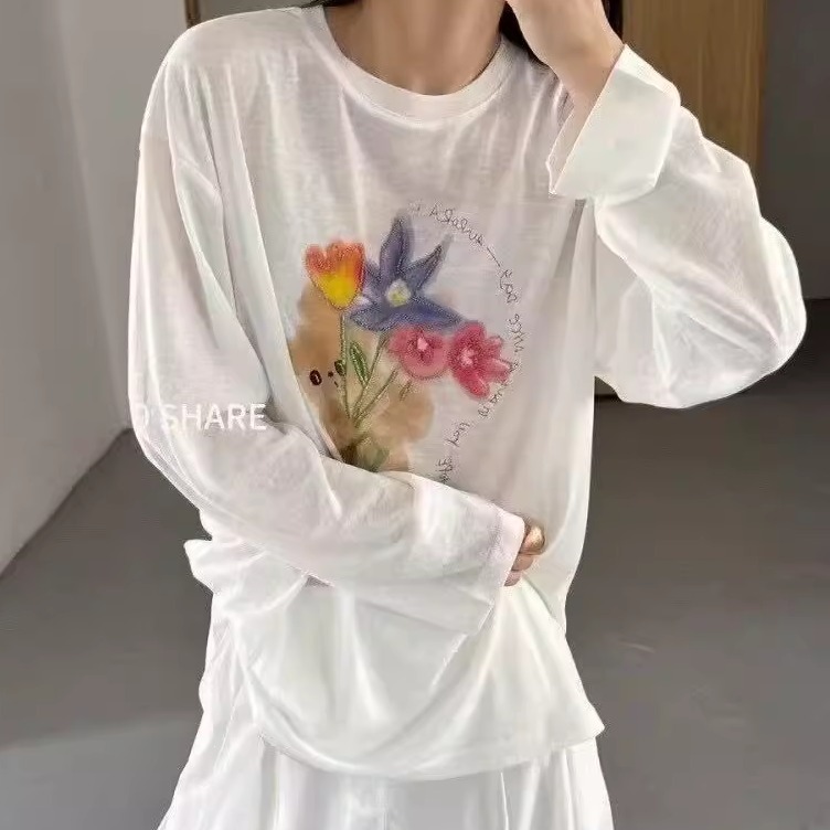 雪花棉薄款长袖防晒衣开衫兔子花朵无感印花打底衫2025年原单外贸