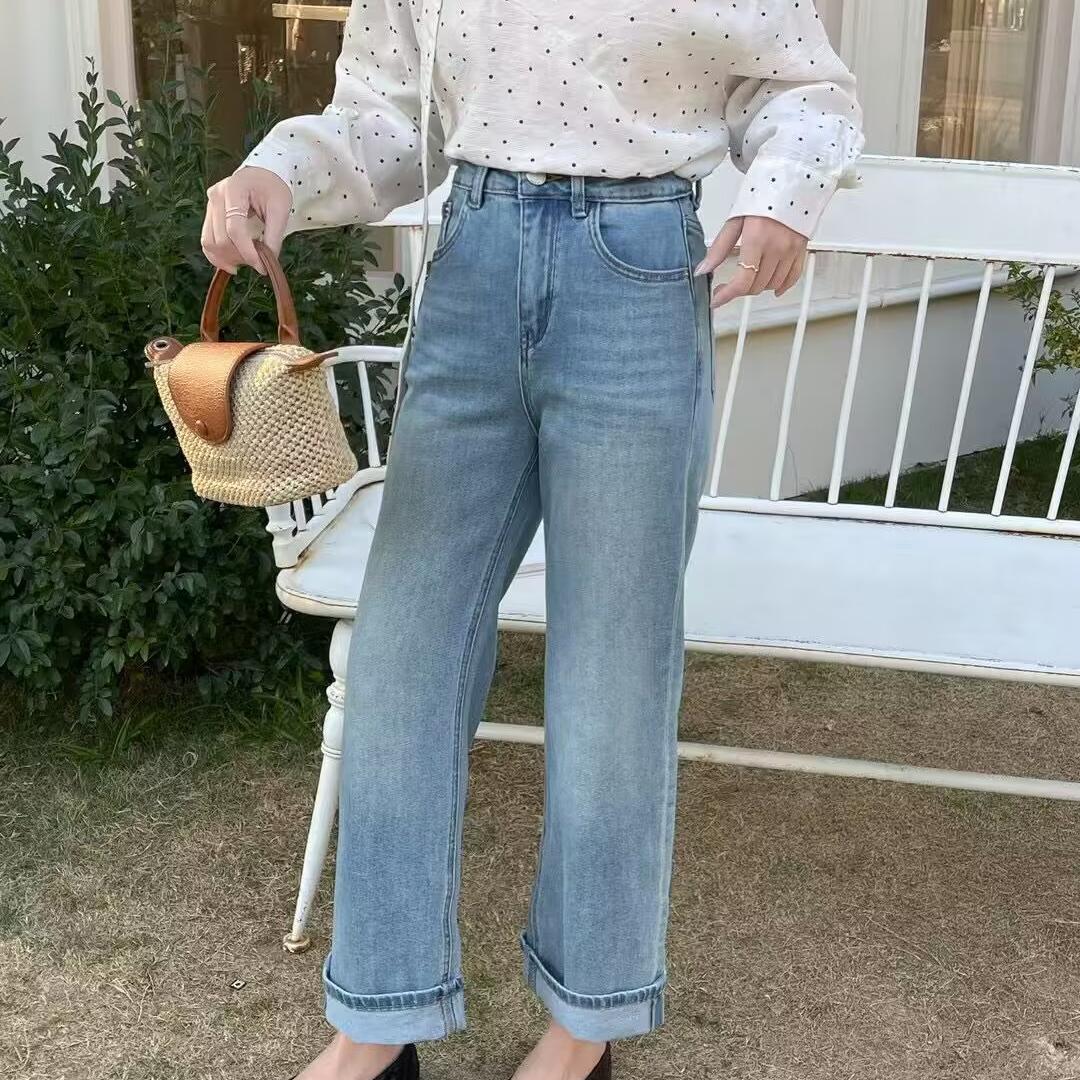 爆款原单自制k5129翻边直筒水洗牛仔一粒扣宽松宽松显瘦25春女裤