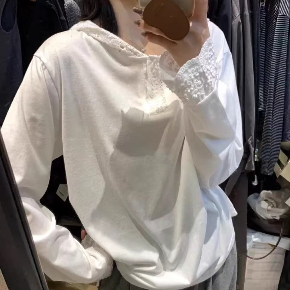 原单欧版双面德绒钩花蕾丝帽衫打底衫女叠搭洋气时尚保暖甩帽上衣