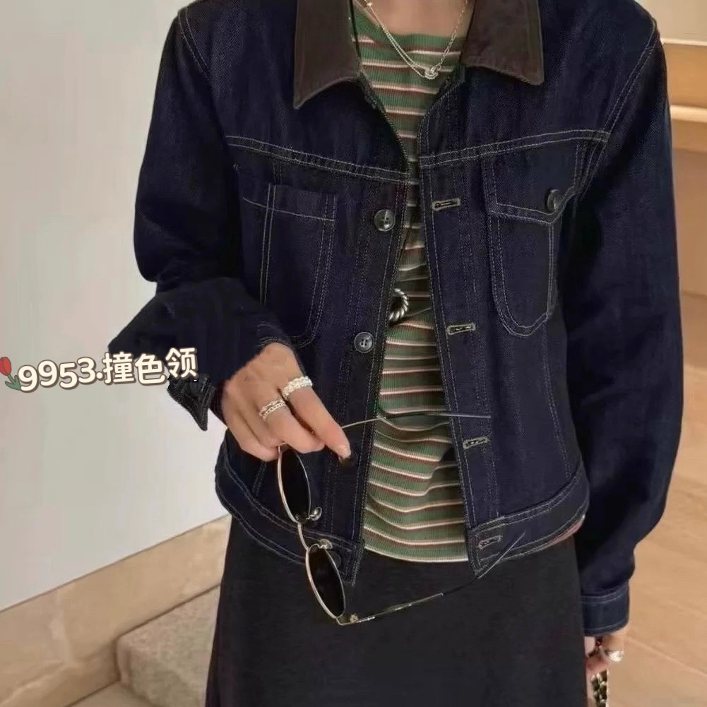 爆款推荐欧货撞色领牛仔复古外套女单排扣明线宽松女上衣2025秋冬
