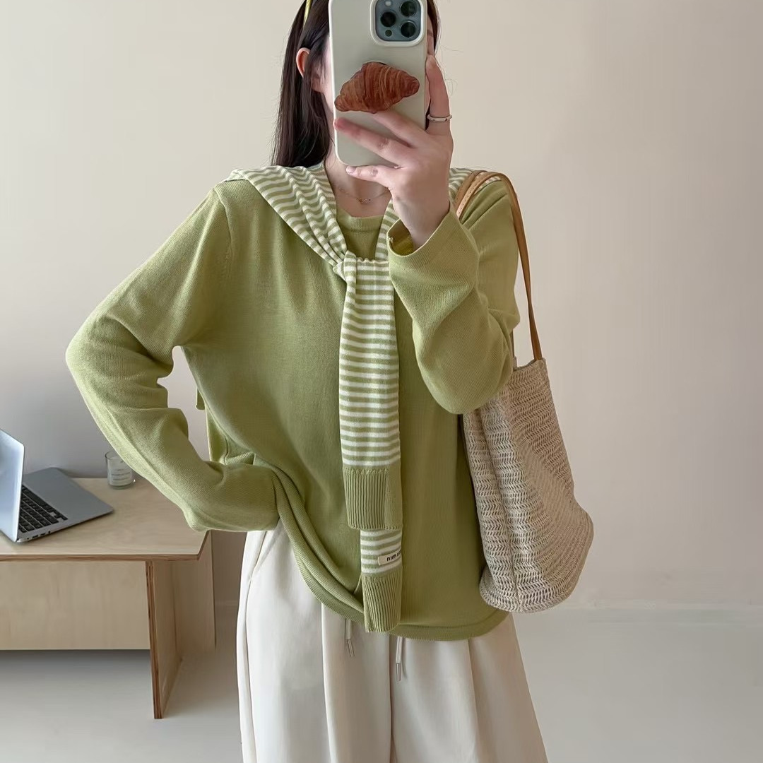 原单外贸正版披肩+薄款毛衣条纹披肩两件套针织女春季慵懒风小衫