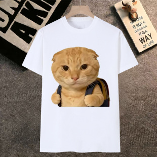 哈基米表情包短袖男t恤女圆头耄耋背书包可爱橘猫meme通勤学生装