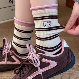 百搭时尚 条纹女款 洋气女孩中筒袜 Kitty袜秋冬款 袜子女纯棉Hello