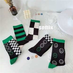 日系ins潮绿色系列棋盘格笑脸中筒袜情侣复古运动个性 小众袜子女