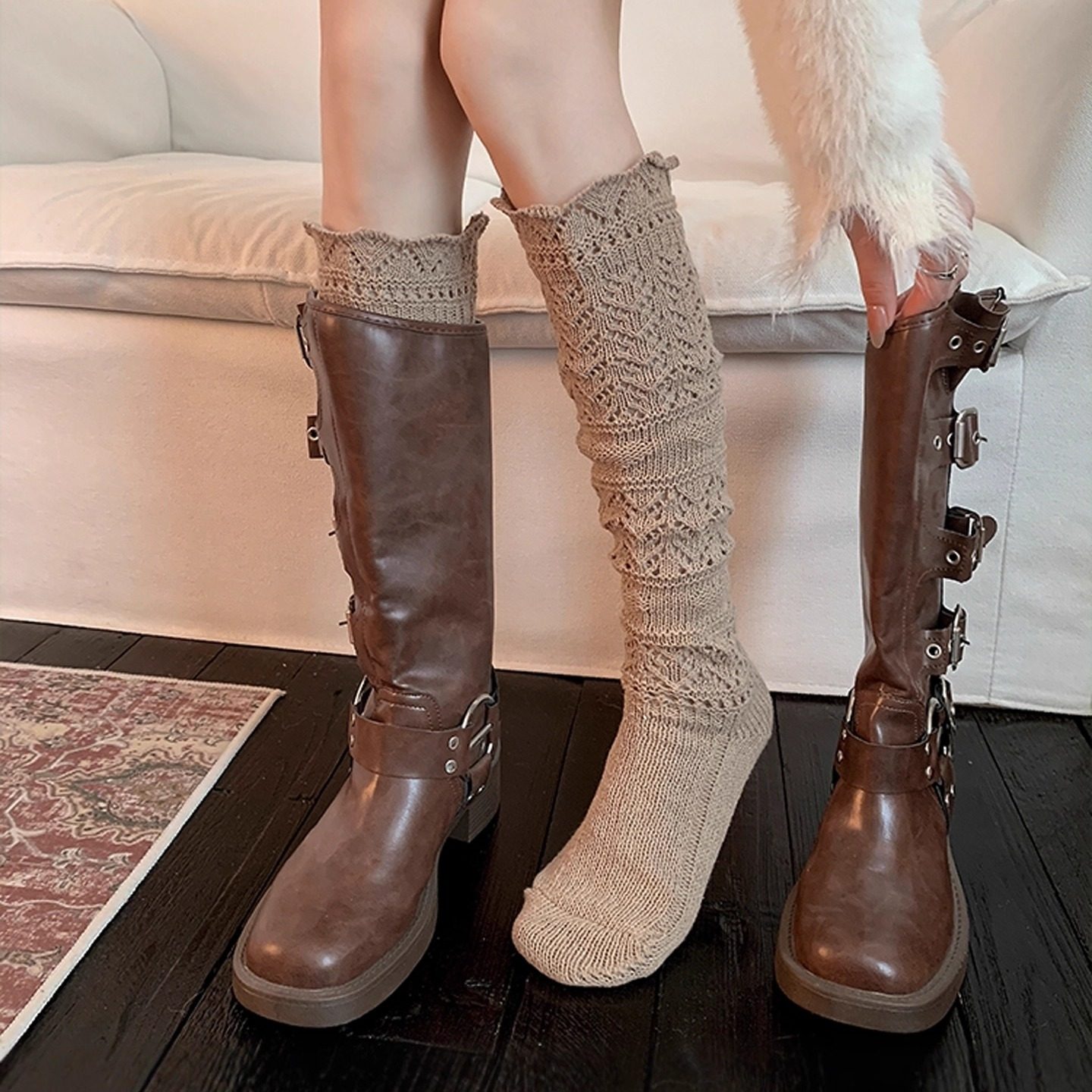 芭蕾风小腿袜奶白蕾丝长筒袜