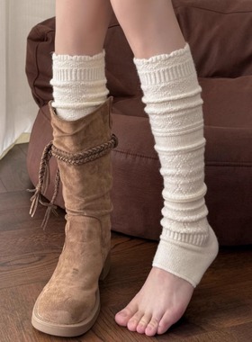 白色花边小腿袜女秋冬镂空针织踩脚袜套堆堆袜保暖羊毛长筒袜靴袜