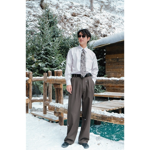 显高显瘦双压褶直筒休闲裤 复古中高腰老爹西裤 男 神裤 何记港风