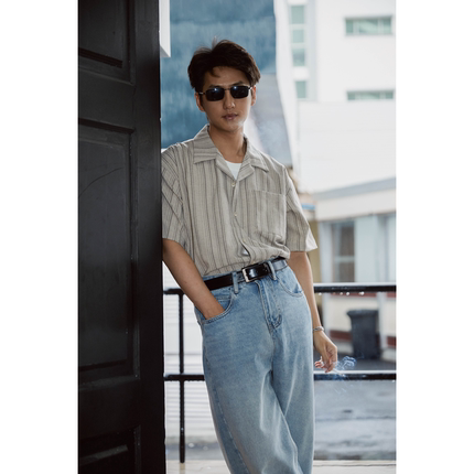 何记港风/复古老钱感条纹古巴领短袖衬衫男 夏季透气宽松休闲衬衣