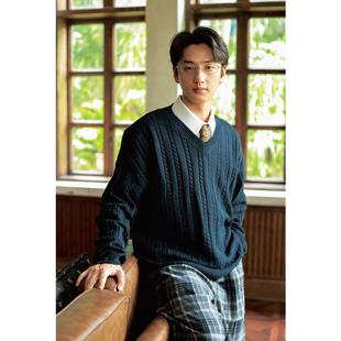 何记港风 复古宽松套头针织麻花毛衣男 就喜欢V领打个领带 基础款