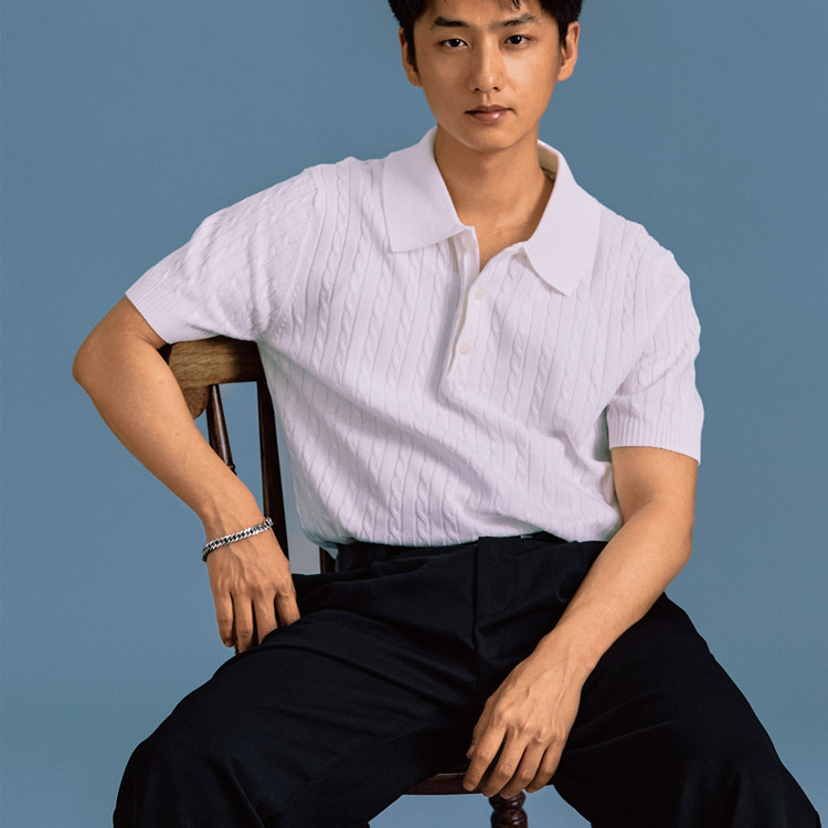 何记港风/经典复古老钱麻花针织polo衫男士夏季百搭修身短袖T恤