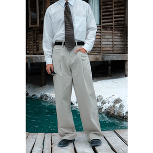 休闲阔腿西裤 天丝棉垂感宽松直筒长裤 男 复古感中高腰 何记港风