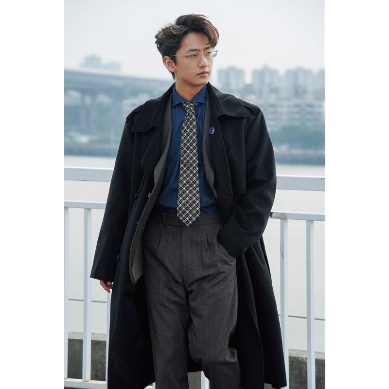 何记港风/复古毛呢大衣男中长款西装男士冬季风衣外套