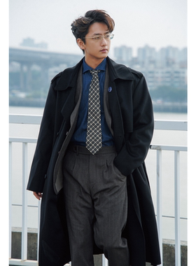 何记港风/复古毛呢大衣男中长款西装男士冬季风衣外套