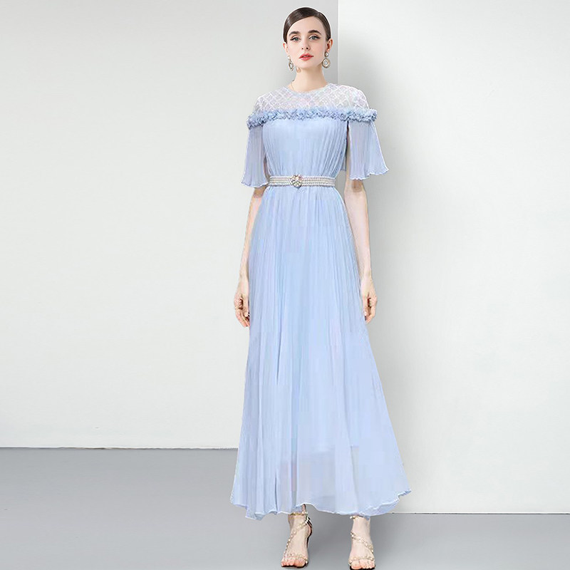 压褶连衣裙圆领短袖纯色名媛礼服长裙2025年夏季新款时尚气质优雅